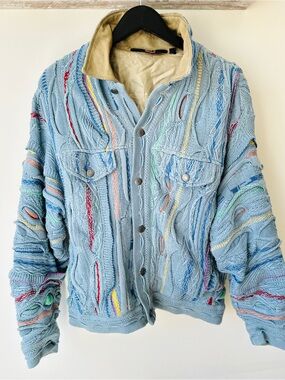 Supreme Coogi Light Blue Multicolor Cable Knit Jacket with Tan Collar